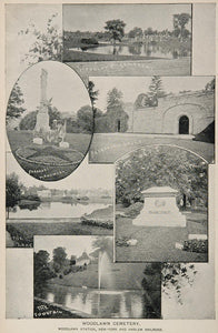 1893 Print Woodlawn Cemetery Monument Lake Fountain NYC ORIGINAL HISTORIC NY2