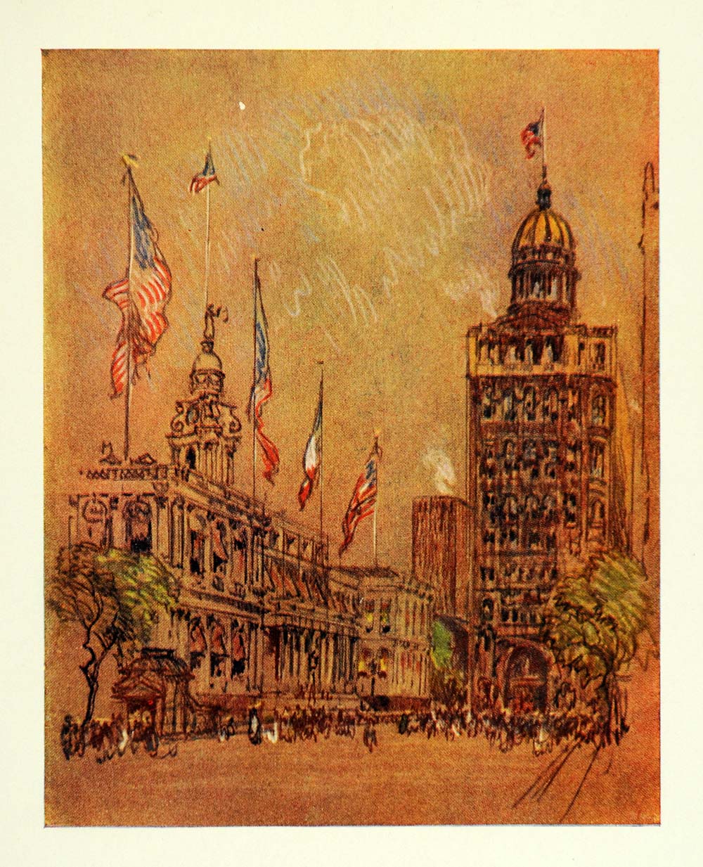 1909 Pennell New York City Hall World Building Print - ORIGINAL NY5