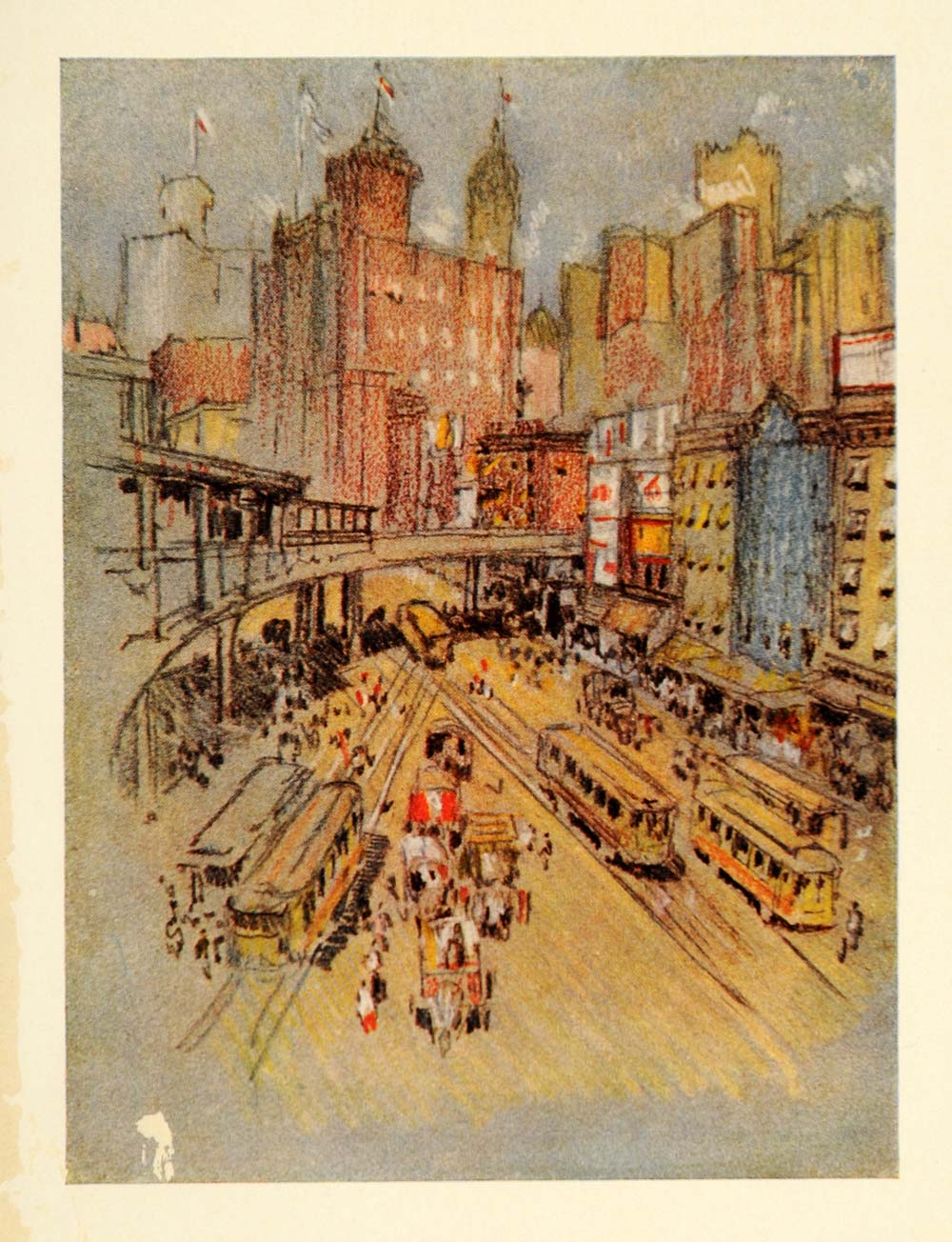 1909 Joseph Pennell Battery Park Bowling Green Print - ORIGINAL NY5