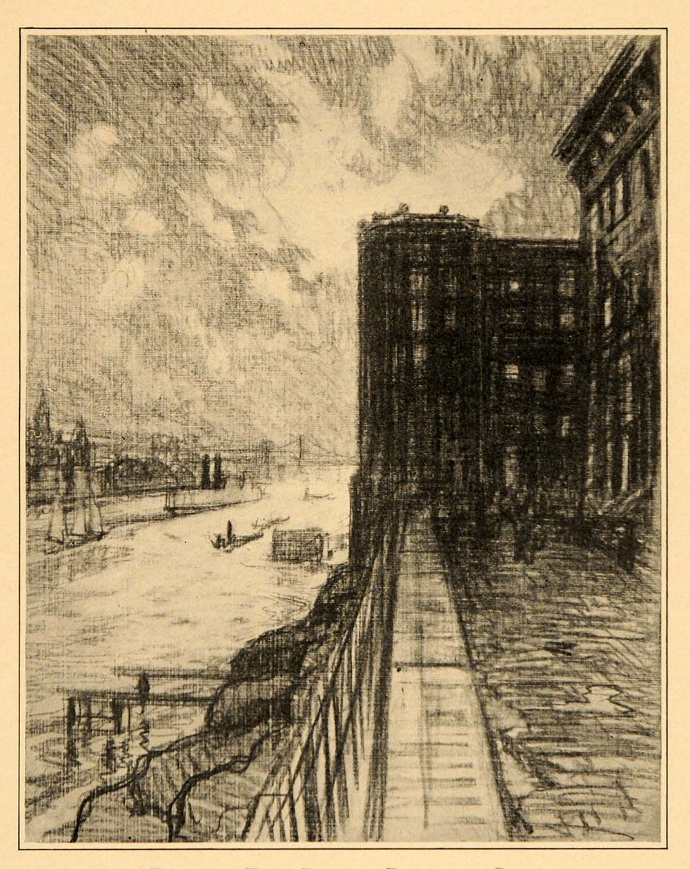 1909 Joseph Pennell East River Brooklyn New York Print ORIGINAL HISTORIC NY5