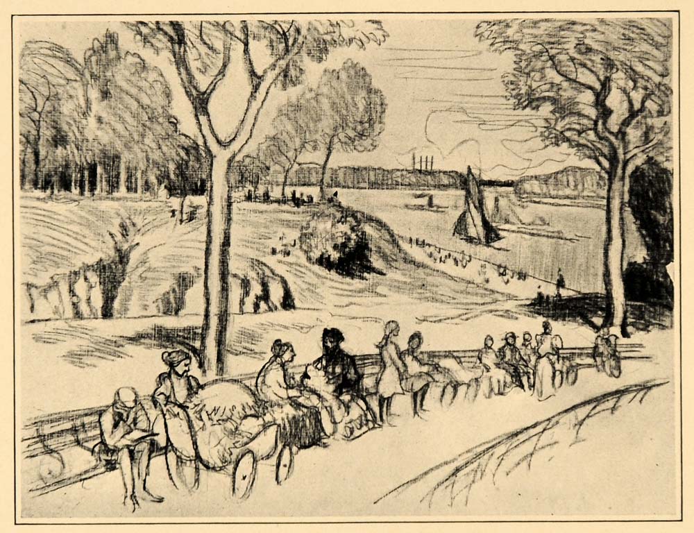1909 Joseph Pennell Jefferson Park East River NYC Print ORIGINAL HISTORIC NY5