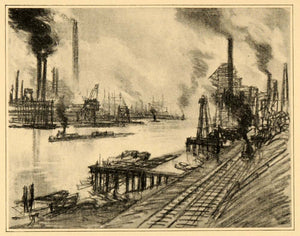 1909 Joseph Pennell Staten Island Factories NYC Print ORIGINAL HISTORIC NY5