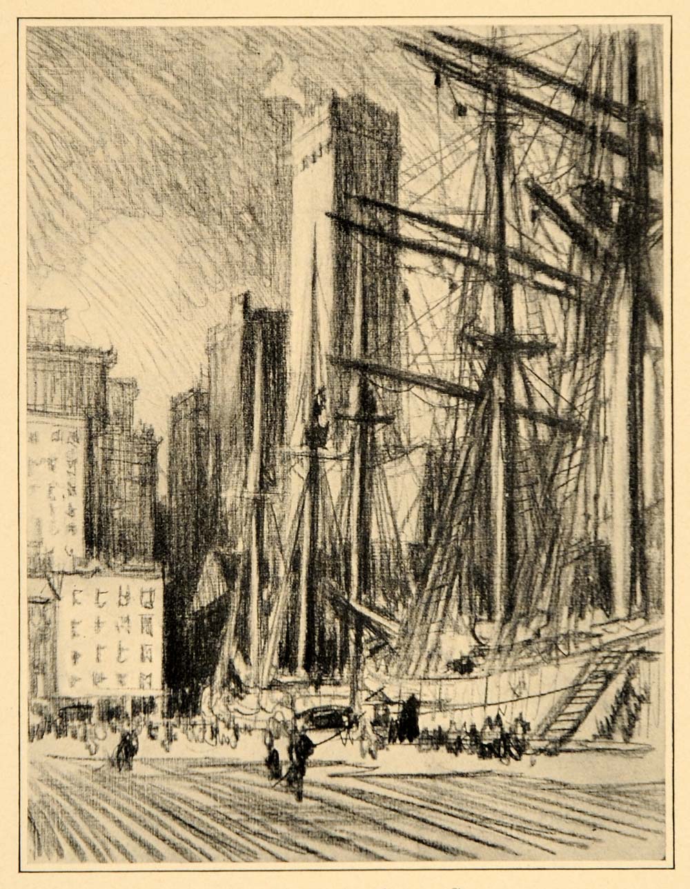 1909 Joseph Pennell Ships South Street New York Print ORIGINAL HISTORIC NY5