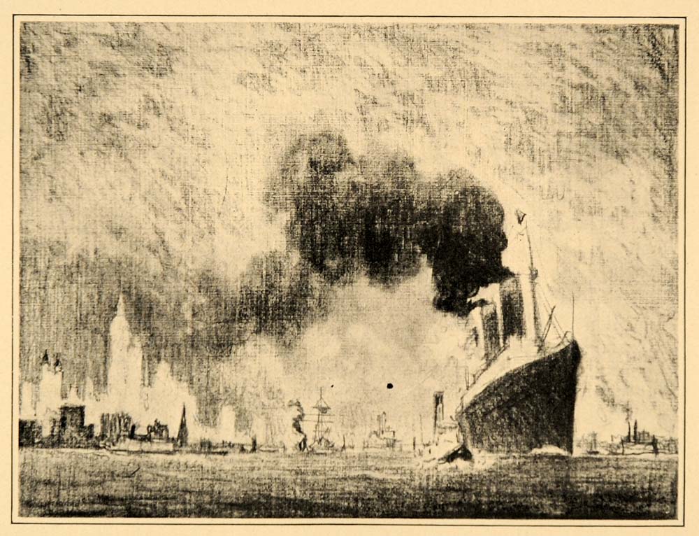 1909 Pennell Tug Tugboat Steamer New York Harbor Print ORIGINAL HISTORIC NY5