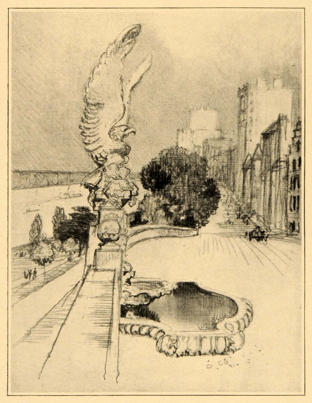 1909 Pennell Eagle Fountain Riverside Drive NYC Print ORIGINAL HISTORIC NY5