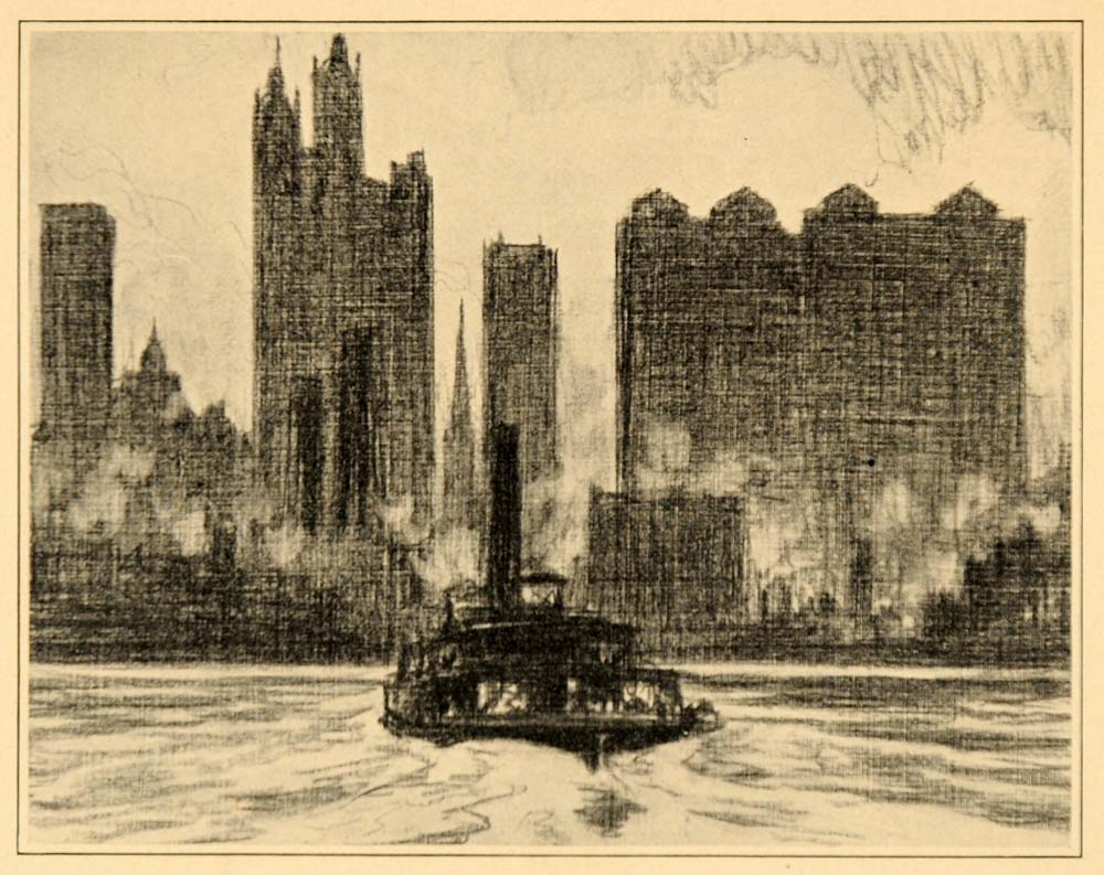 1909 Joseph Pennell Ferry Boat New York City NYC Print ORIGINAL HISTORIC NY5