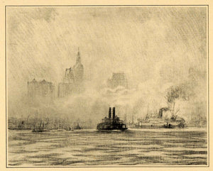 1909 Joseph Pennell New York City Mist Ships Boat Print ORIGINAL HISTORIC NY5