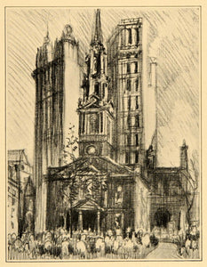 1909 Joseph Pennell St. Paul's Chapel Church NYC Print ORIGINAL HISTORIC NY5