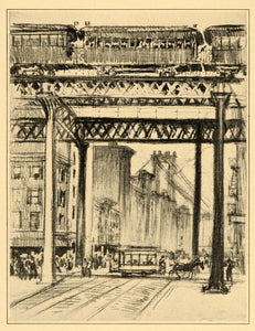 1909 Joseph Pennell Elevated Train Bowery NYC Print - ORIGINAL HISTORIC NY5