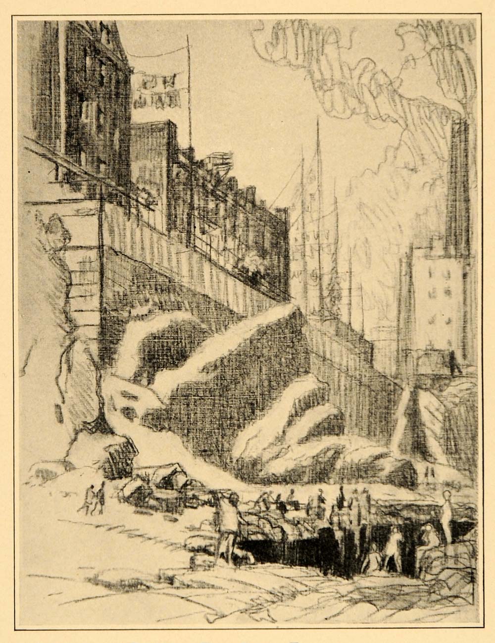 1909 Joseph Pennell East River Tenements Slum NYC Print ORIGINAL HISTORIC NY5
