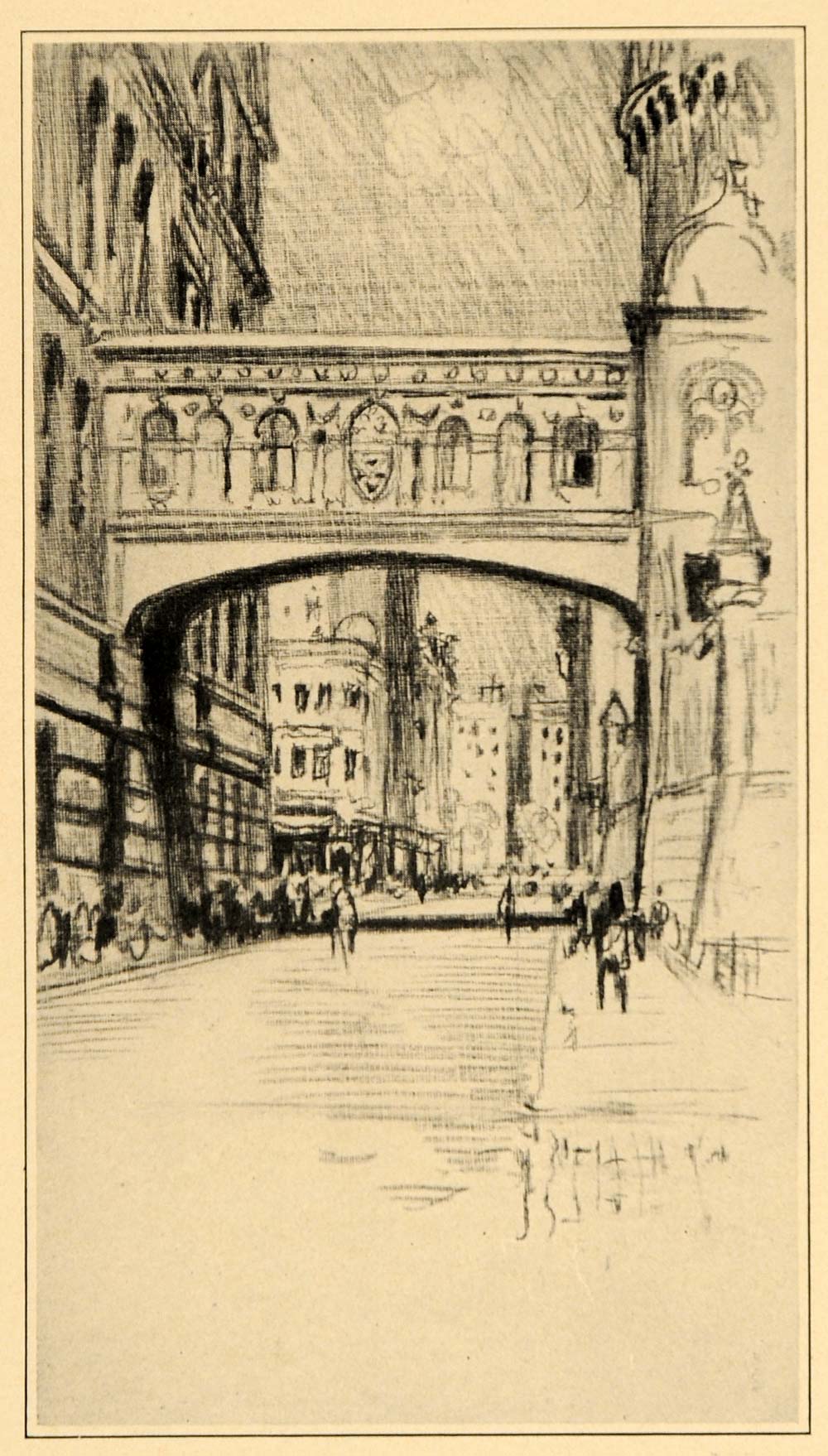 1909 Joseph Pennell Bridge of Sighs Tombs NYC Print - ORIGINAL HISTORIC NY5