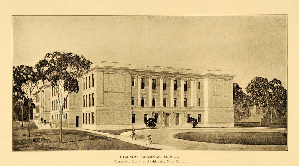 1909 Hillside Grammar School Architecture Sketch Print ORIGINAL HISTORIC NY6