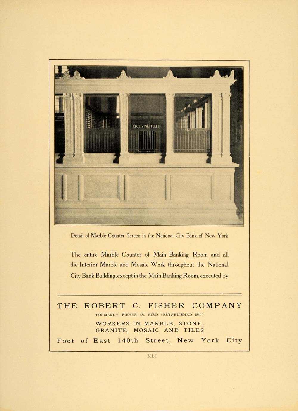 1909 Robert C. Fisher Co. Marble Bank Teller Window Ad - ORIGINAL NY6