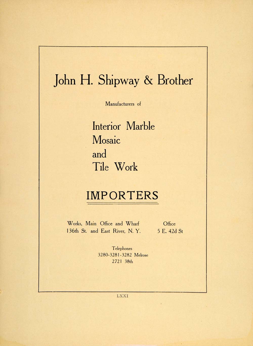 1909 John H. Shipway & Brother Marble Mosaic Tile Ad - ORIGINAL HISTORIC NY6