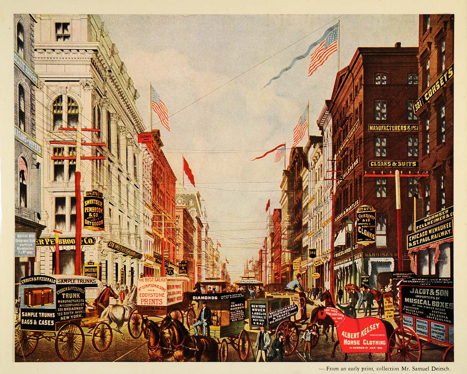 1948 Print New York City Broadway Street View Horse Wagon Cityscape Architecture