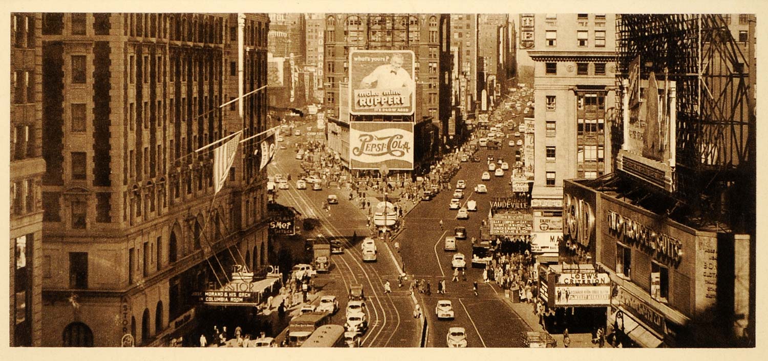 1948 Photogravure Times Square New York City Pepsi-Cola Billboard Street Traffic