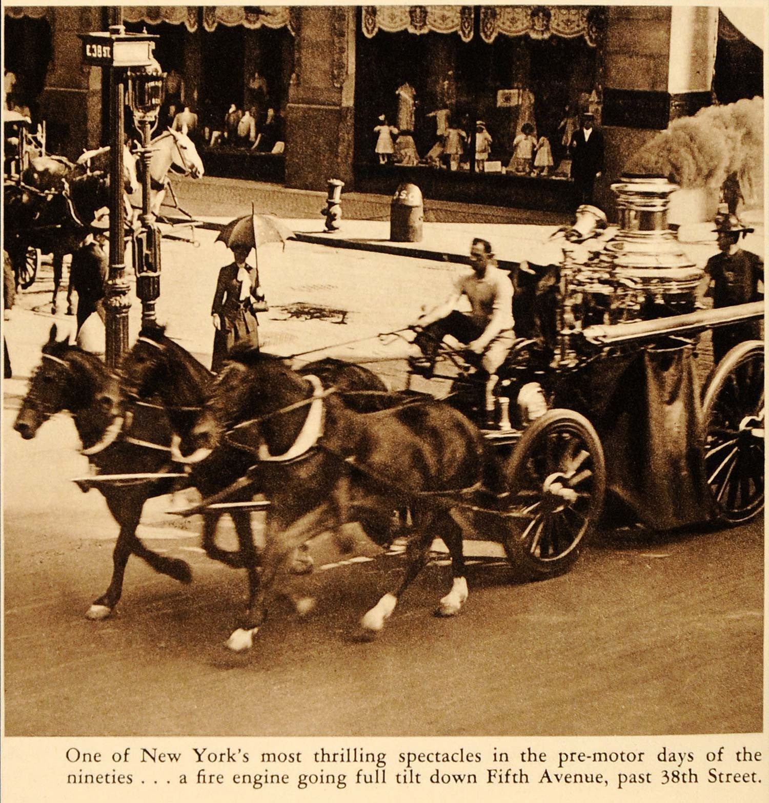 1948 Photogravure Fire Engine Horse Drawn New York City Street Firefighting NYFD