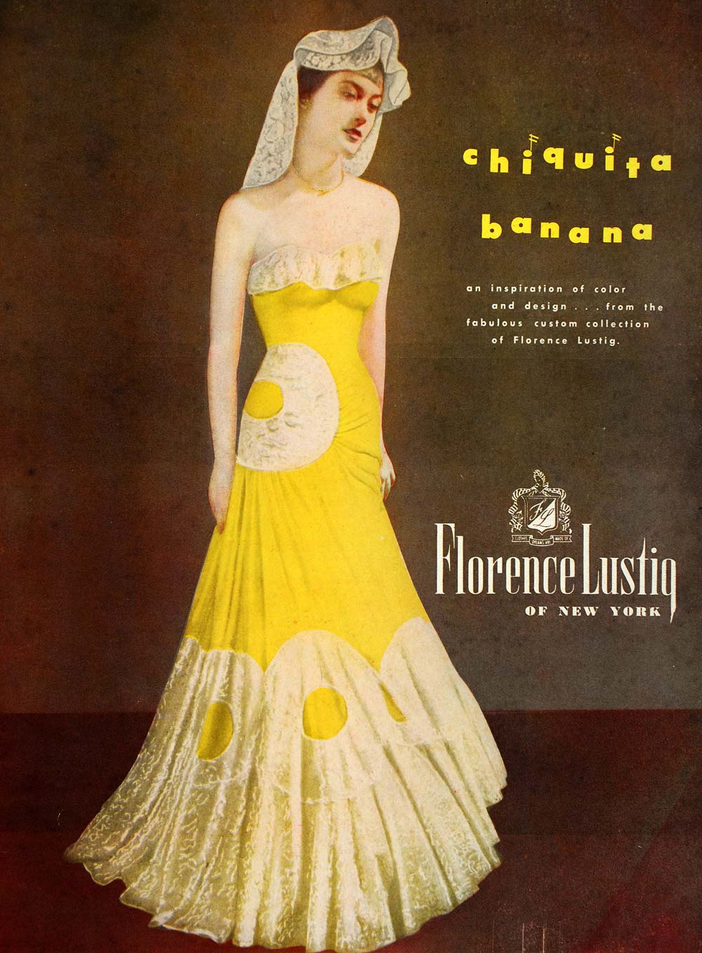 1948 Ad Florence Lustig Fashion Designer Vintage Yellow Evening Gown Clothing