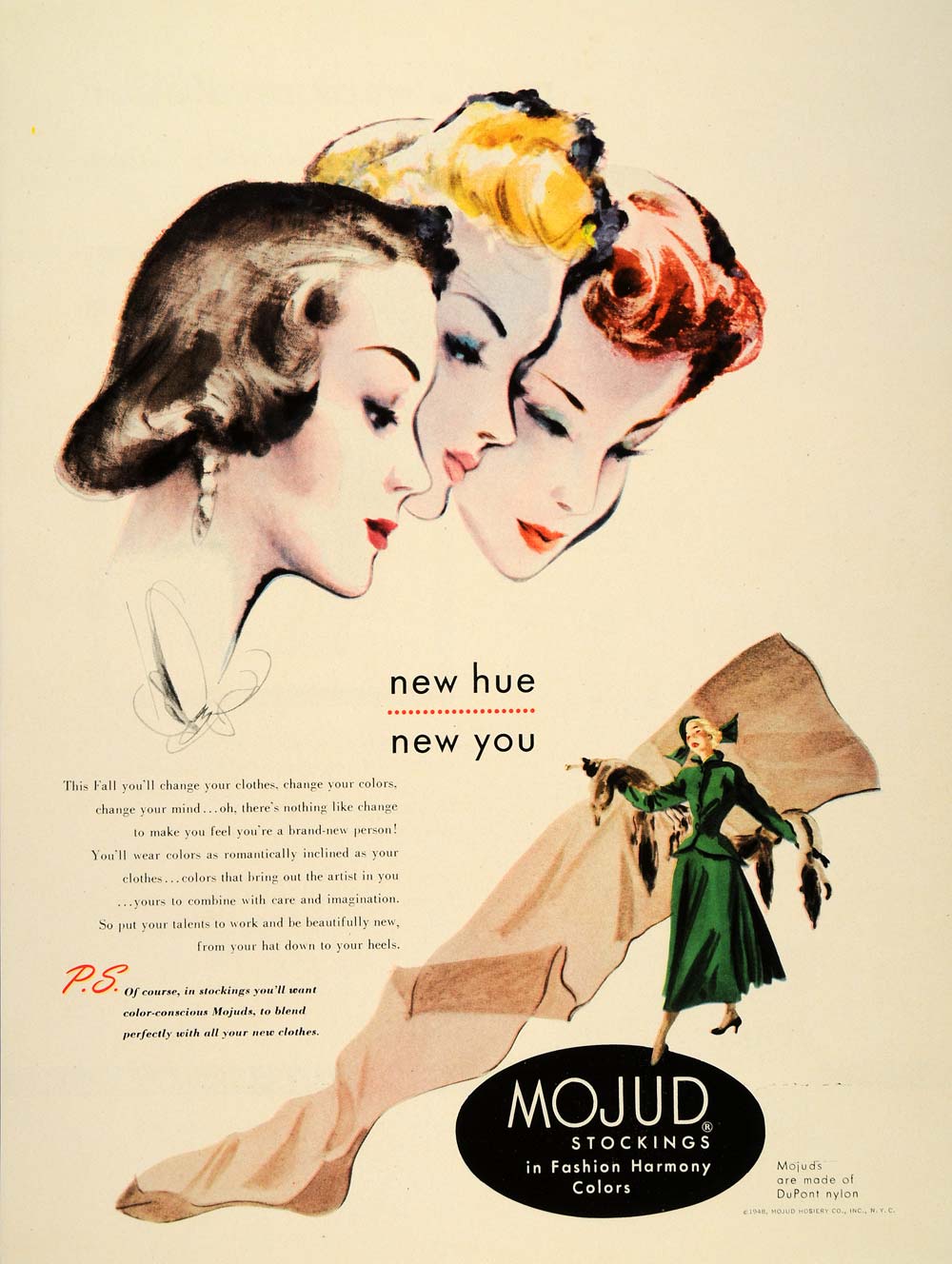 1948 Ad Mojud Nylon Stockings Vintage Fashion Illustration Art Women Style