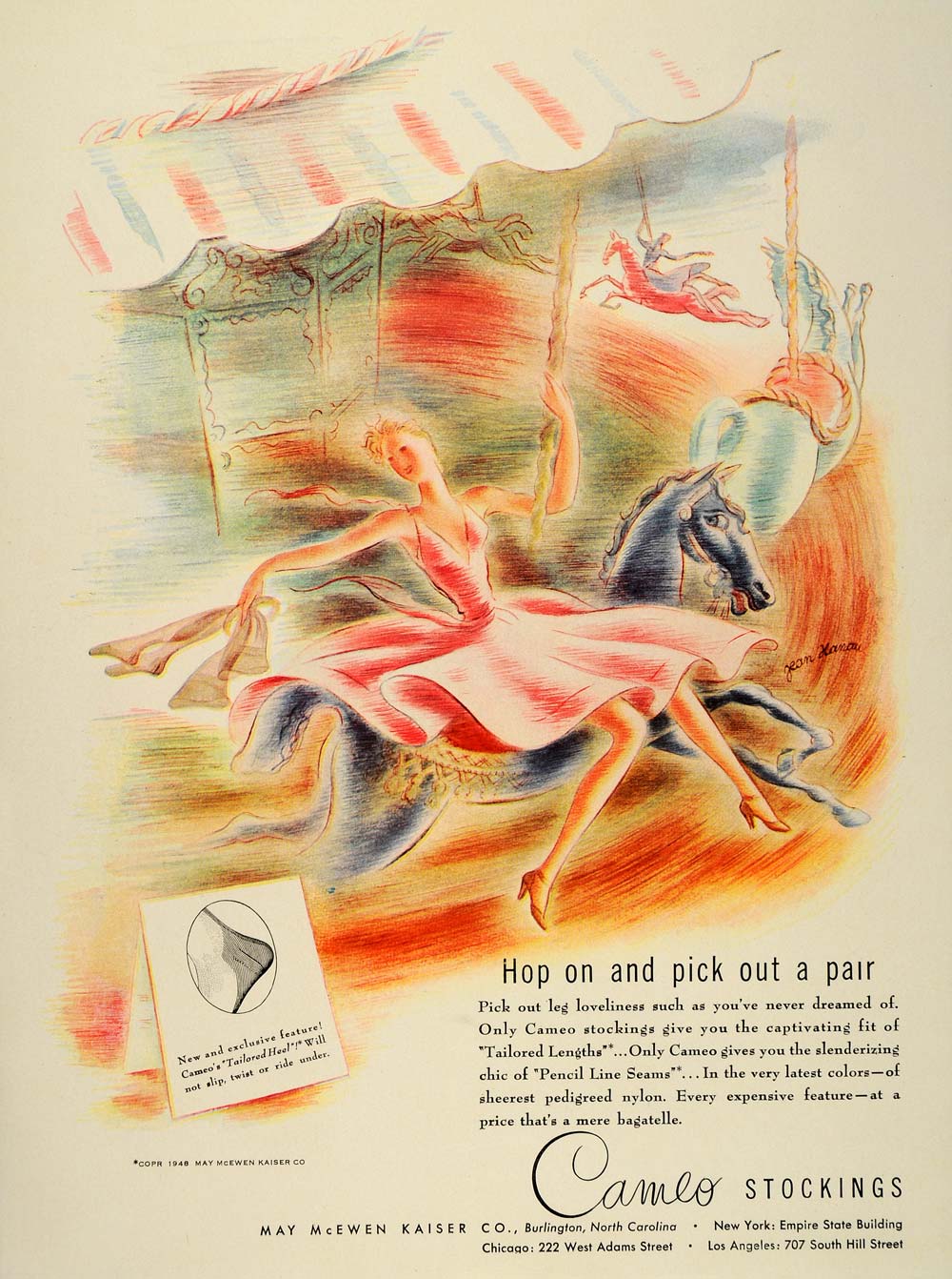 1948 Ad Cameo Nylon Stockings Carousel Horses Merry-Go-Round May McEwen Kaiser
