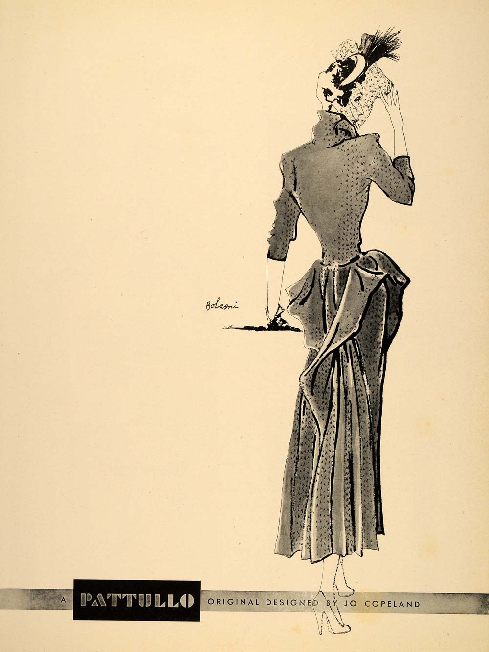 1948 Ad Vintage Pattullo Jo Copeland Women's Dress 1940's Fashion Illustration