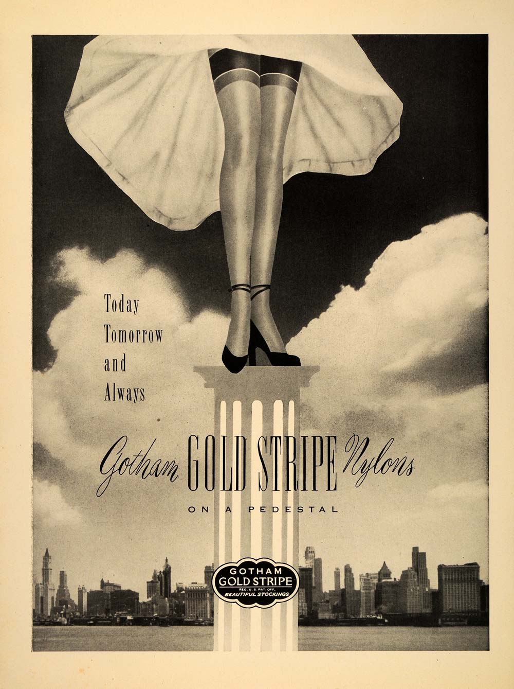 1948 Ad Vintage Gotham Gold Stripe Nylon Stockings Fashion New York City Skyline