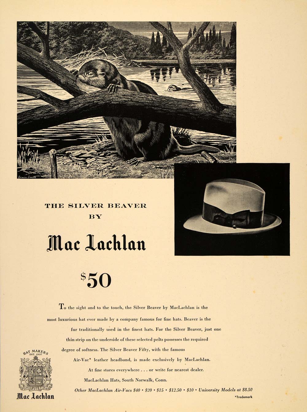 1948 Ad Vintage MacLachlan Mens Hat Silver Beaver Fifty Fashion Irwin Smith Art