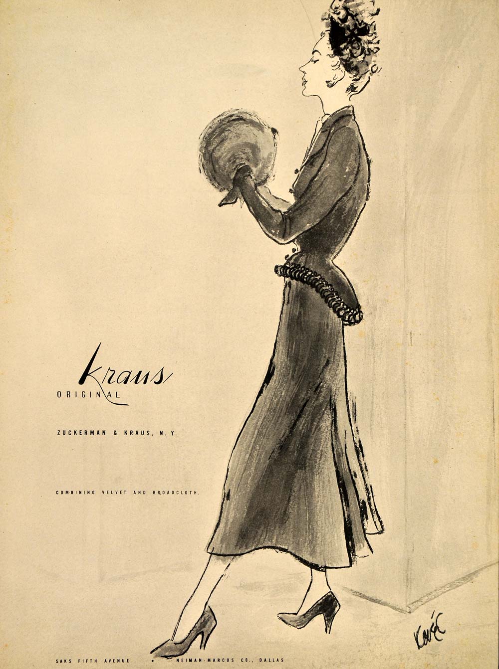 1948 Ad Zuckerman & Kraus Vintage Dress Design Fur Muff Fashion Illustration Art
