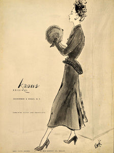 1948 Ad Zuckerman & Kraus Vintage Dress Design Fur Muff Fashion Illustration Art