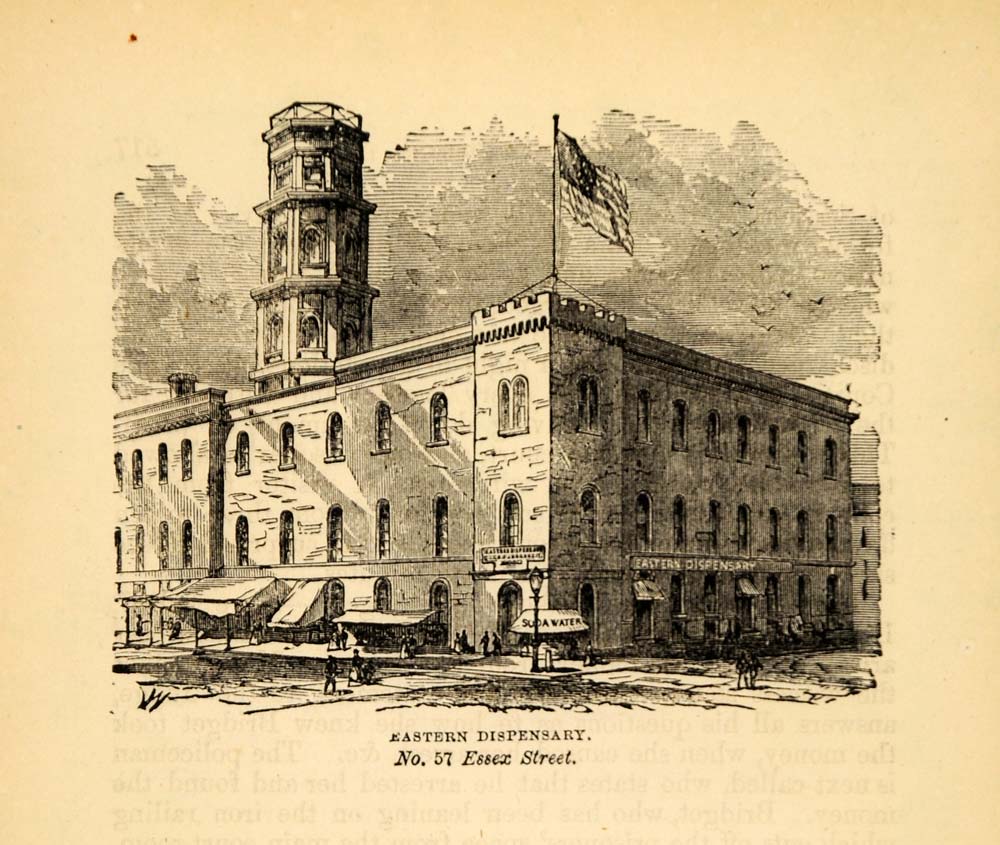 1872 Eastern Dispensary Medical NYC Architecture Print ORIGINAL HISTORIC NY9