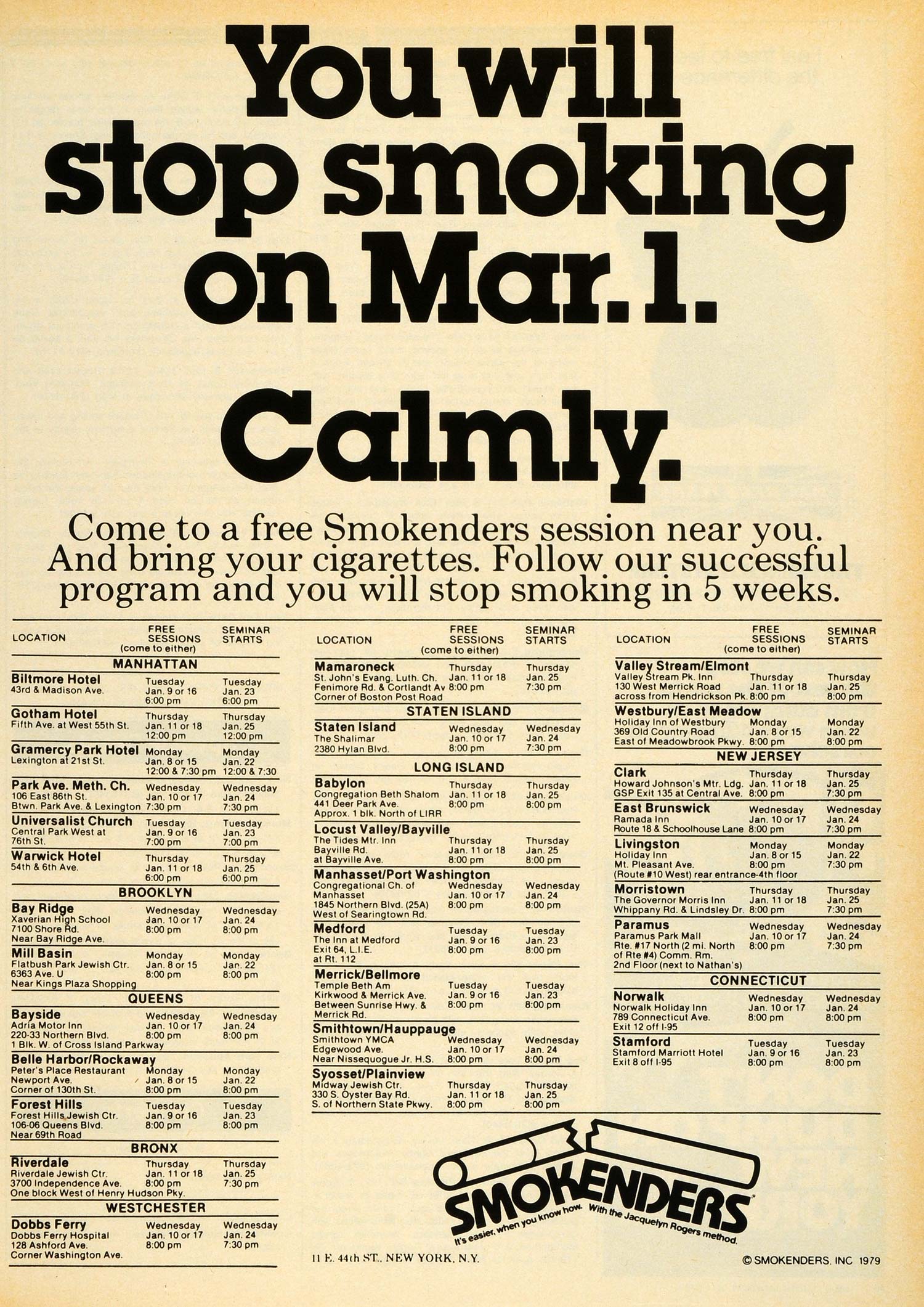 1979 Ad Smokenders Inc New York Quit Smoking Free Sessions Program Smokers NYM1