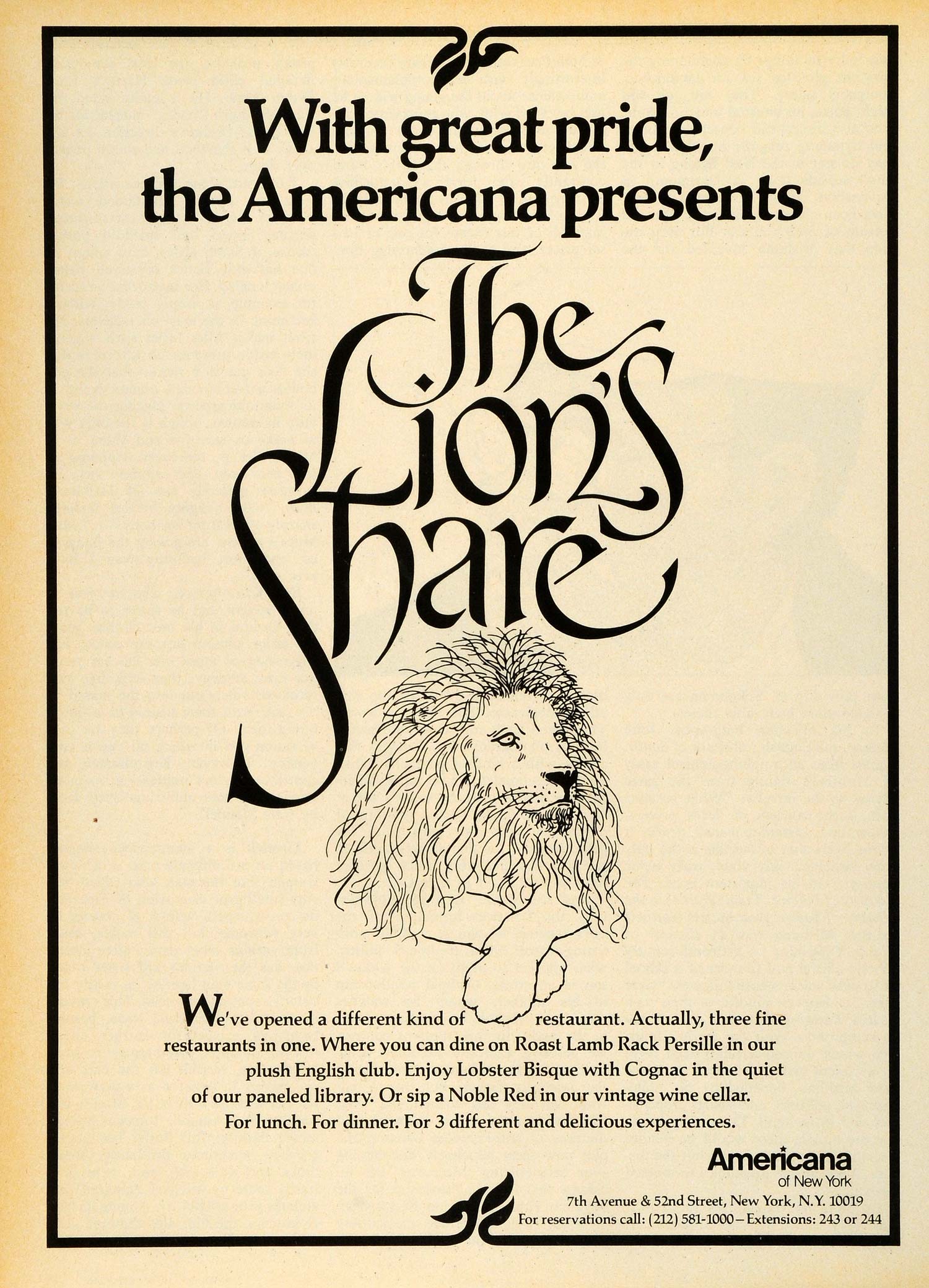 1976 Ad Americana Lion's Share NYC Restaurant Cuisine Roast Lamb Rack NYM1