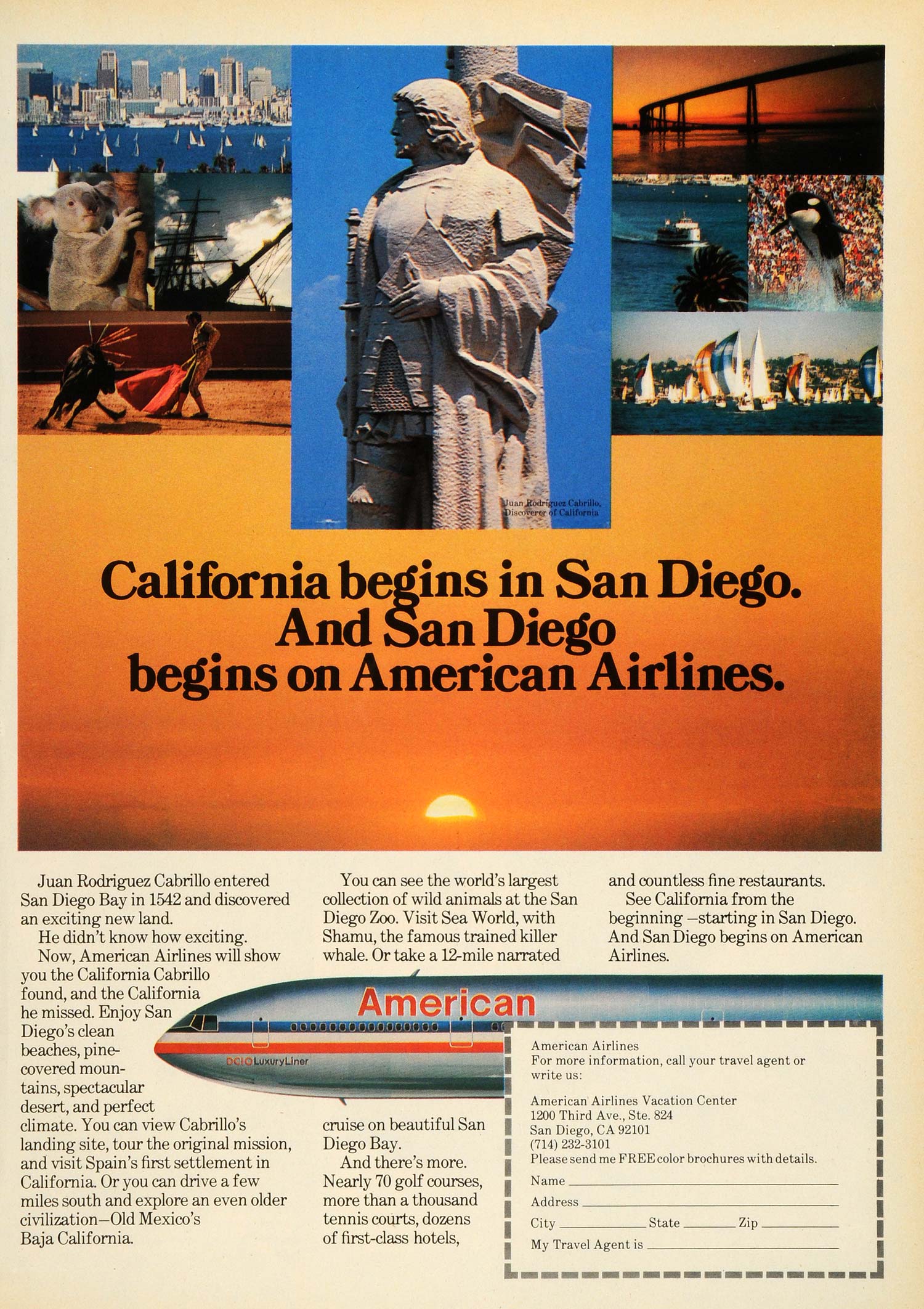 1979 Ad American Airlines Vacation Center Juan Rodriguez Cabrillo Monument NYM1