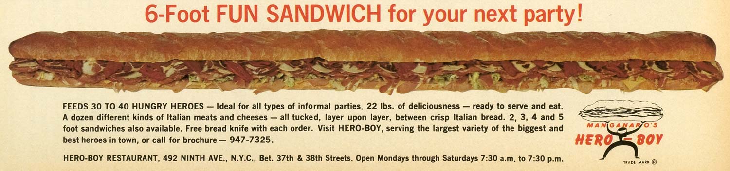 1976 Ad Hero-Boy Restaurant Manganaro's 6-foot Sandwich Food 492 Ninth NYM1