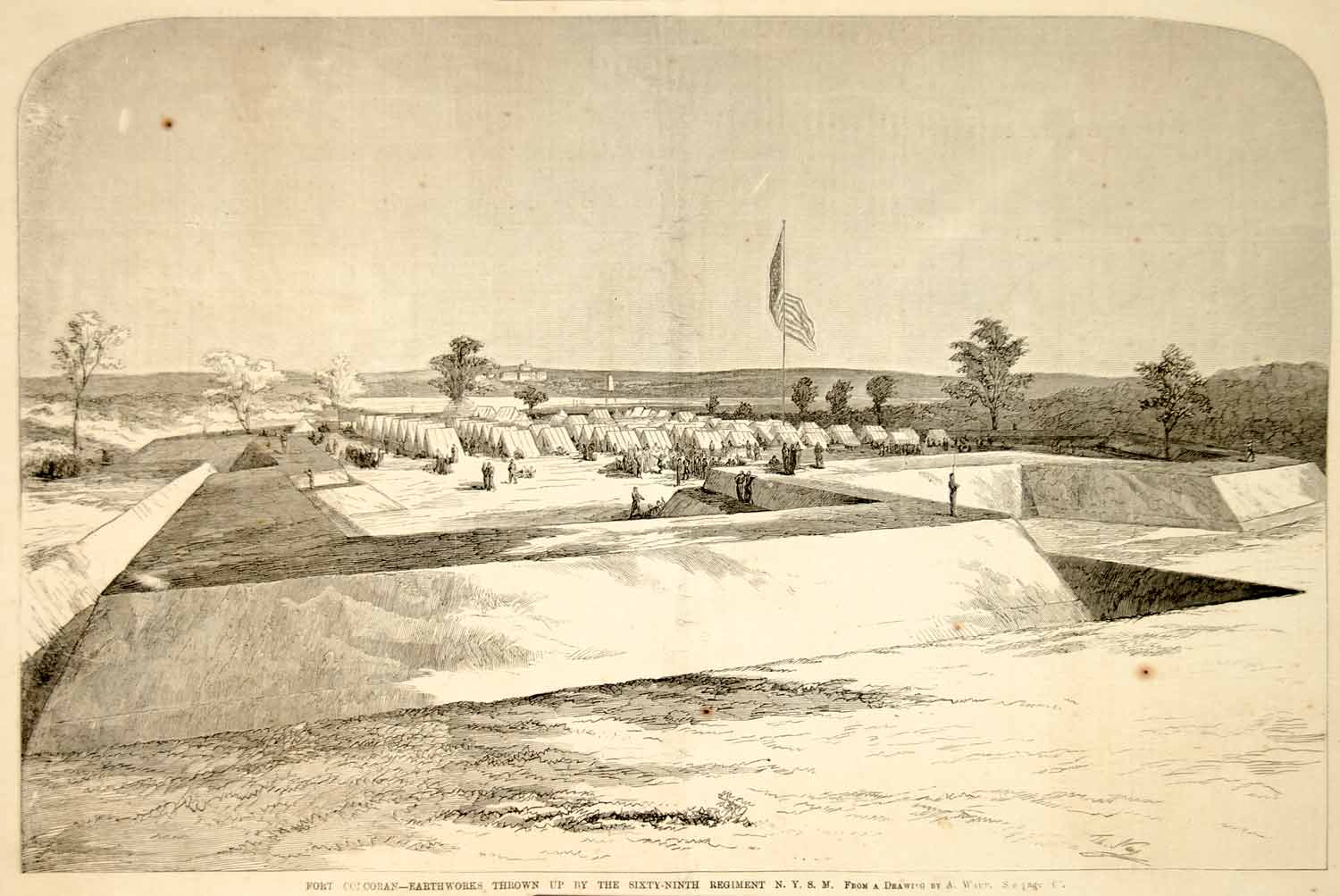 1861 Wood Engraving Fort Corcoran Earthworks Fortification U.S. Civil War NYN1