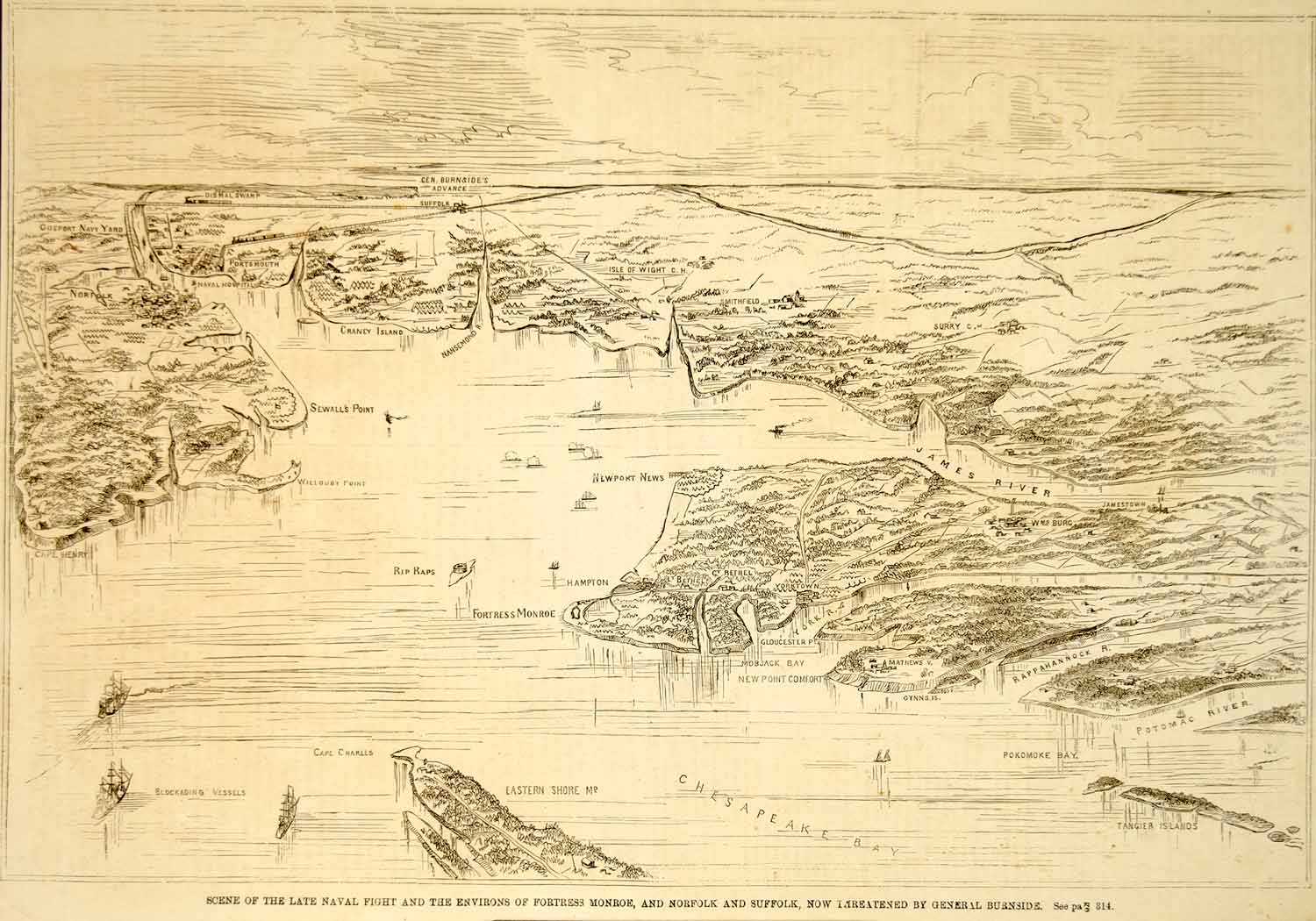 1862 Wood Engraving Fort Monroe Chesapeake Bay James River U. S. Civil War NYN1