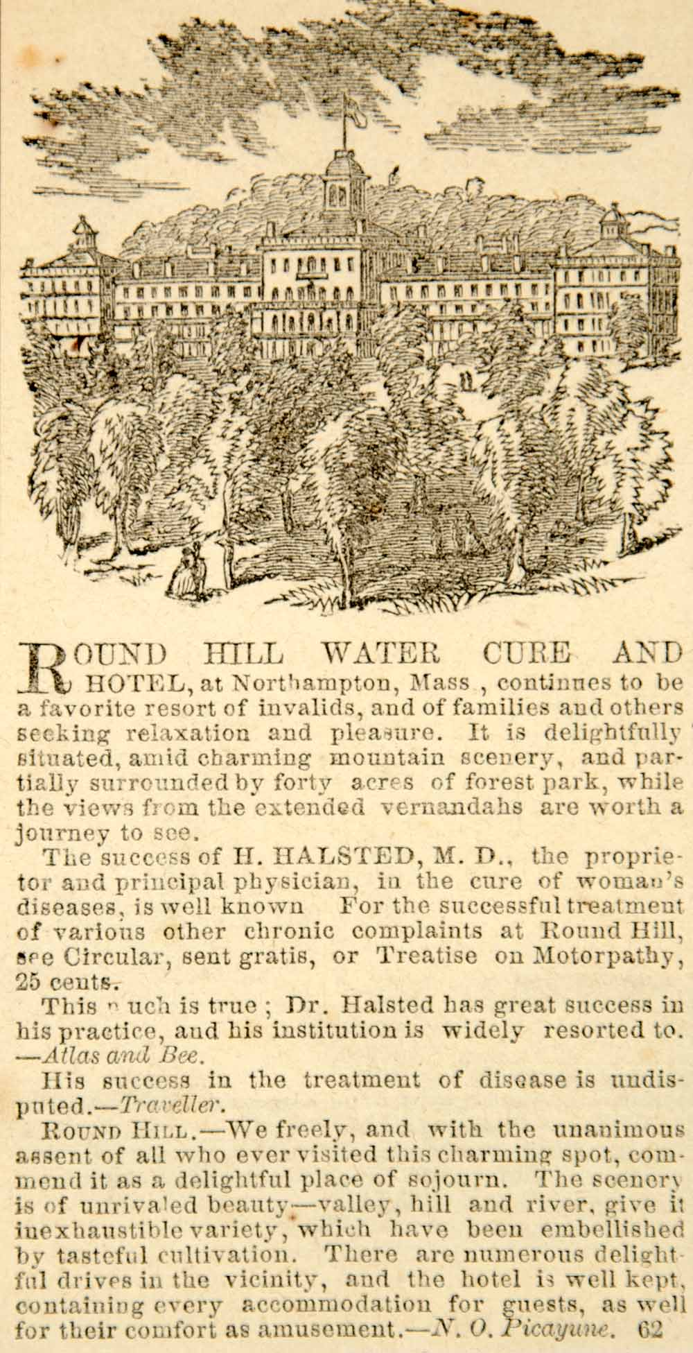 1860 Ad Round Hill Water Cure Hotel Northampton MA Sanitarium Dr. Halsted NYN1