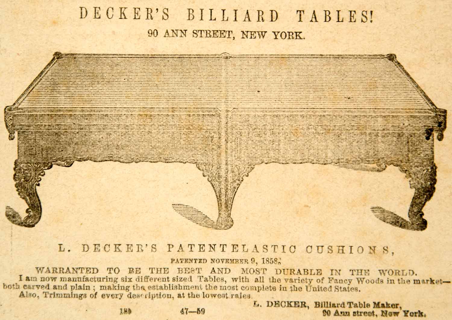 1860 Ad Antique Decker's Billiard Pool Table 90 Ann Street New York City NYN1