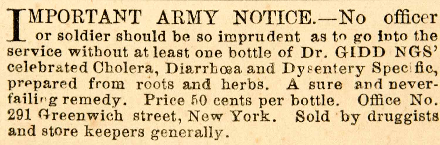 1861 Ad Antique Dr. Giddings Tonic Cholera Dysentery Civil War Army Remedy NYN1
