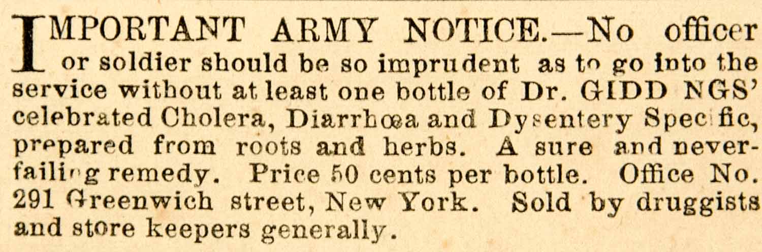 1861 Ad Antique Dr. Giddings Tonic Cholera Dysentery Civil War Army Remedy NYN1