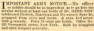 1861 Ad Antique Dr. Giddings Tonic Cholera Dysentery Civil War Army Remedy NYN1