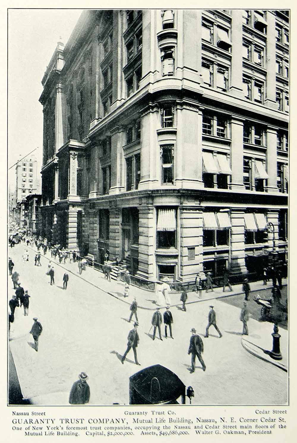 1903 Print Guaranty Trust Mutual Life Nassau Street Scene Manhattan NYV1