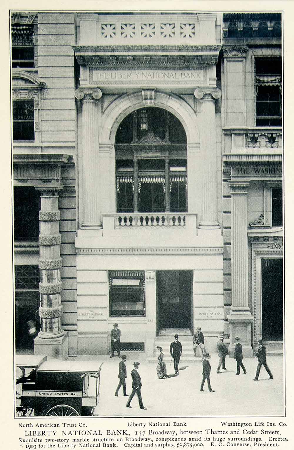 1903 Print Liberty National Bank 137 Broadway Street Scene Manhattan NYV1