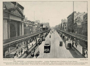 1903 Bowery New York City Streetcar Elevated RR Print ORIGINAL HISTORIC IMAGE NY