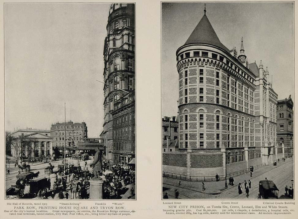 1903 New York City Print Park Row Printing City Prison ORIGINAL HISTORIC NY