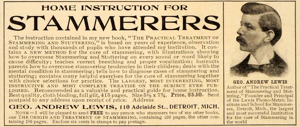 1903 Ad Stammering Cure George Andrew Lewis Phono-Metric Institute OD1