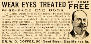 1903 Ad Vintage Medical Quackery Blindness Blind Cure Dr. W. O. Coffee OD1