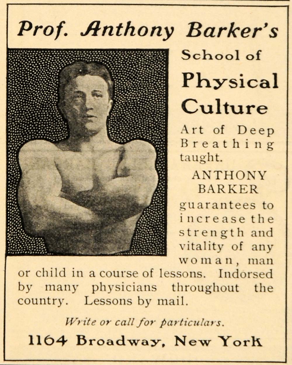 1901 Ad Prof Anthony Barker School Physical Culture Fitness Bodybuilder OD1