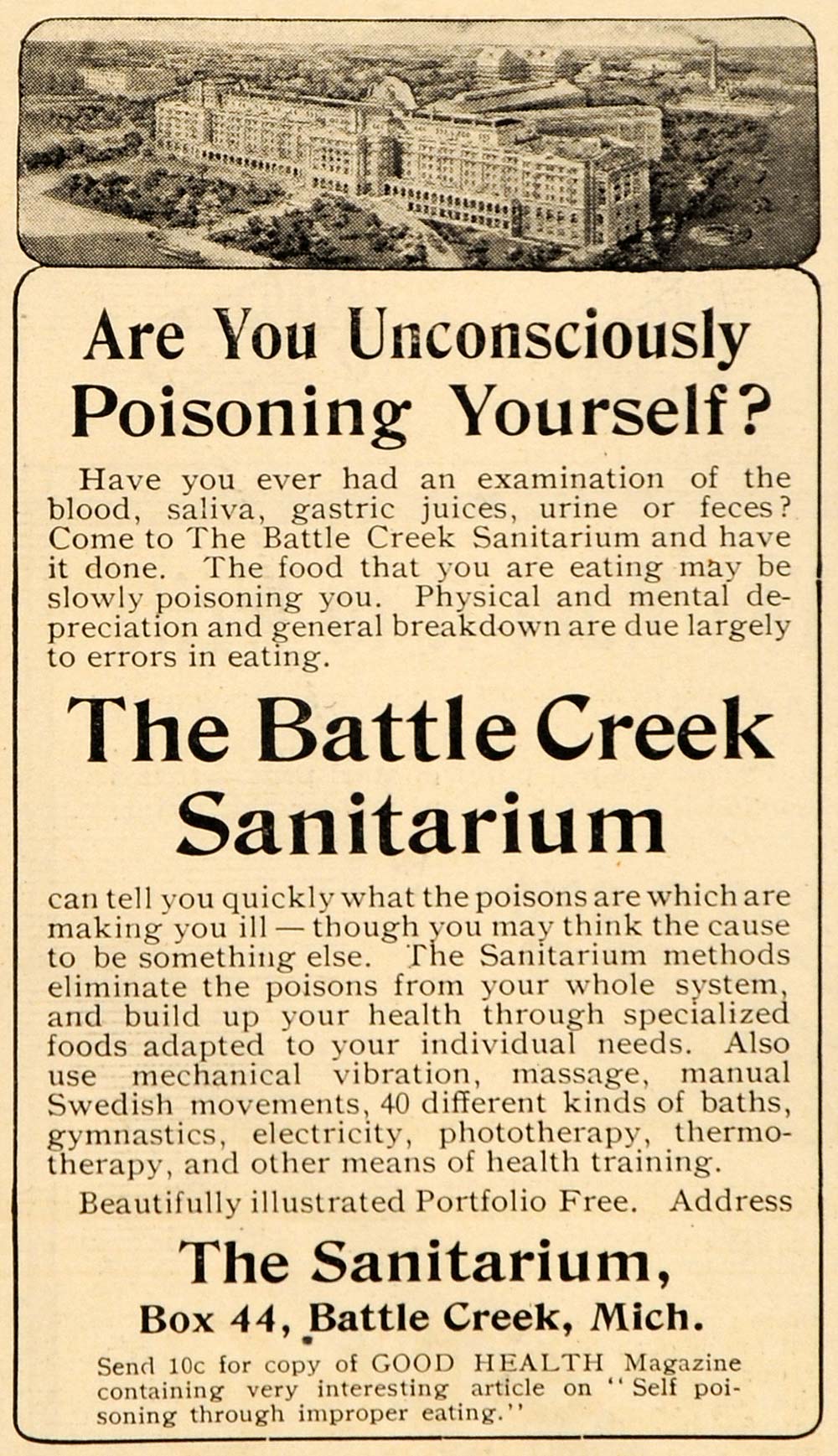 1907 Vintage Ad Battle Creek Sanitarium Building Mich. Poison Treatment OD1