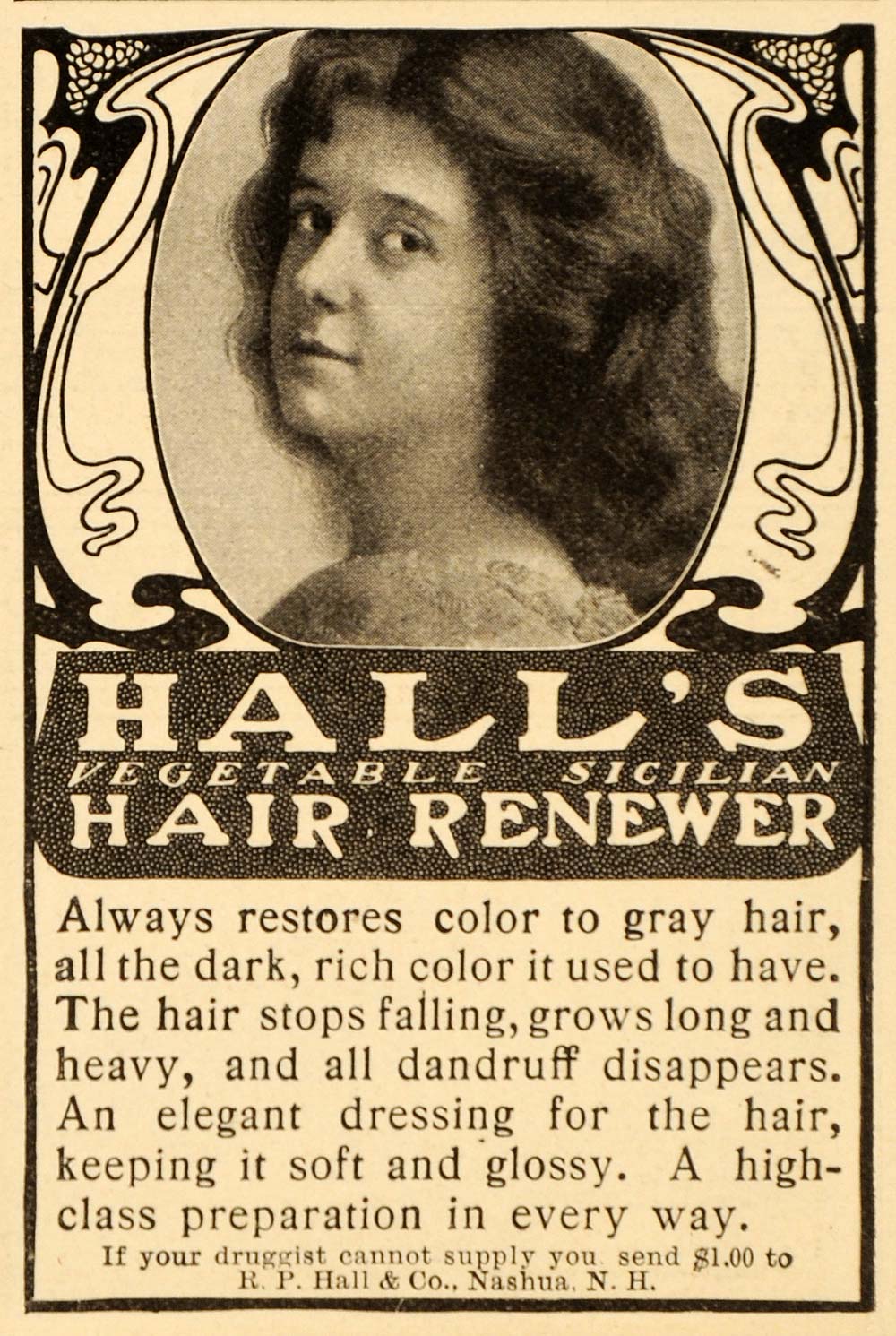 1903 Ad R. P. Hall's Vegetable Sicilian Hair Renewer Coloring Dandruff Women OD1